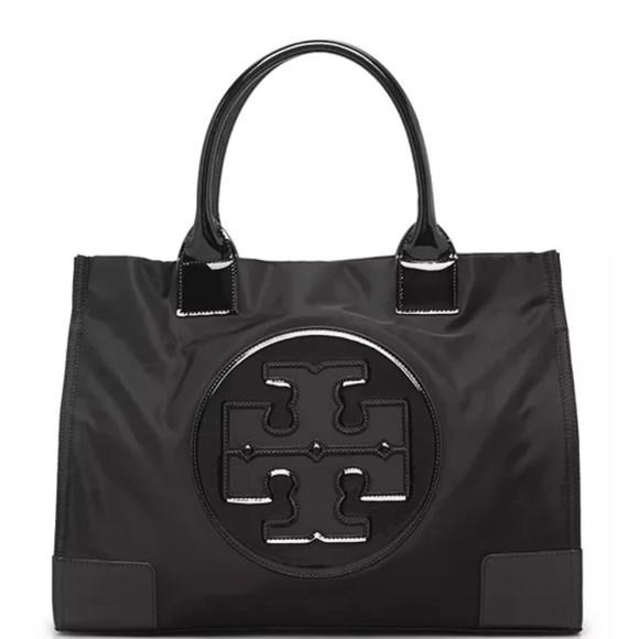Tory Burch Handbags - Tory Burch Ella Black Patent Leather and Large  Nylon Tote Bag